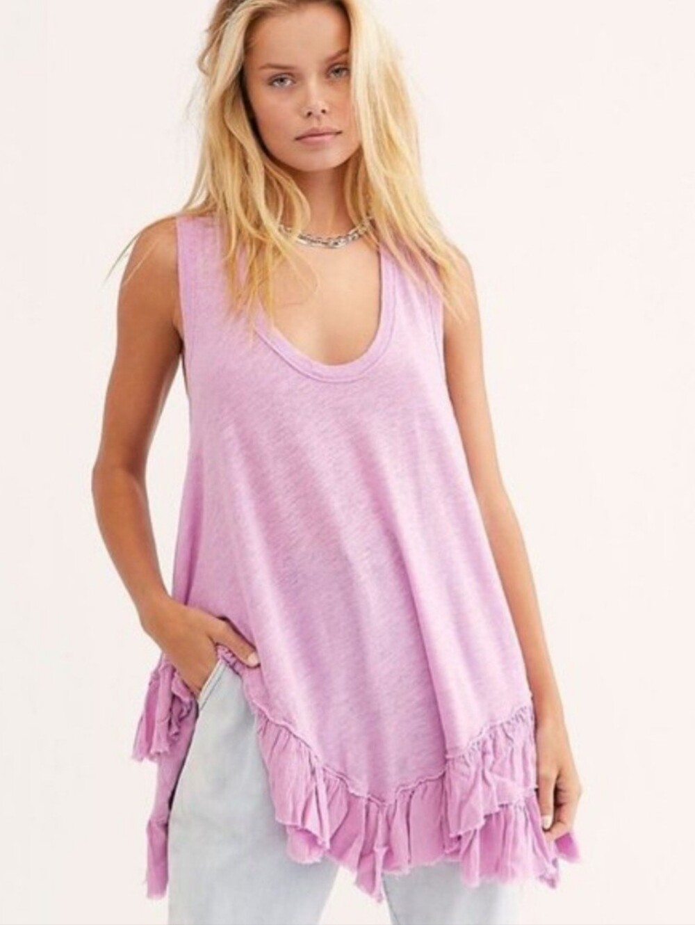 FREE PEOPLE Sasha Shimmy Ruffle Hem Tank In Euphoric Lilac Medium